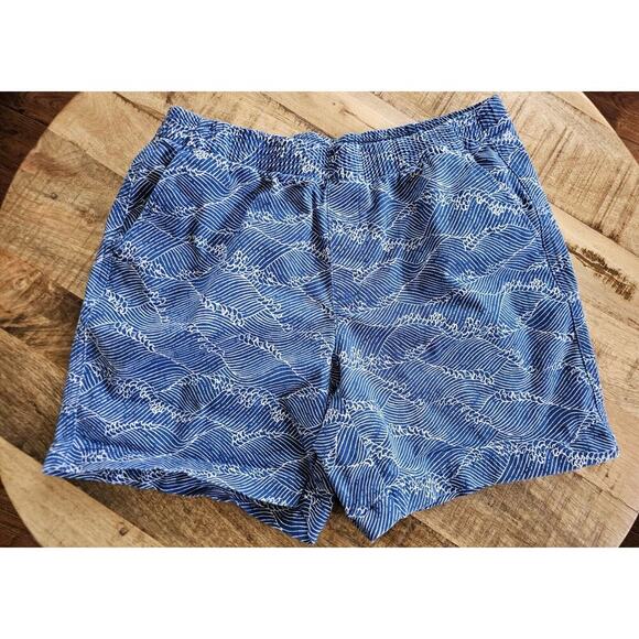 Lands End Womens Pull On Shorts Size 10 Petite Blue White Wave Ocean Print Chino - Picture 1 of 9